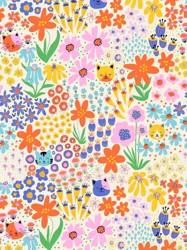 Happy Cats Wild Flowers Vibrant Multicolor on Beige Kids Big Sale