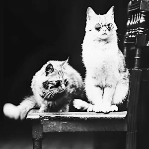 Wholesale Two Cats Wearing Sunglasses On A Chair, Vintage Black and White Old Photo