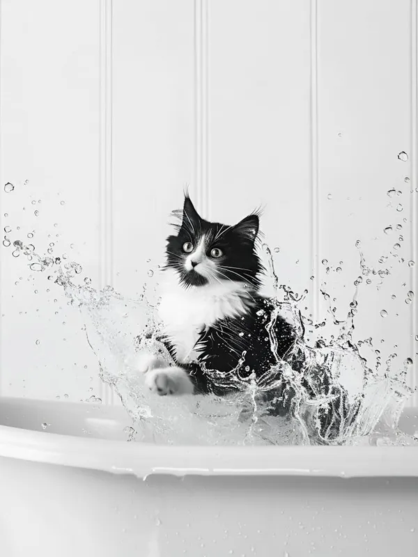 Cat In Bathtub, Black and White, Funny, Cat Splashing in Tub Low Price