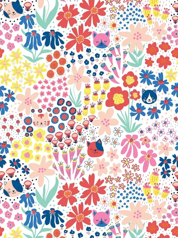 Happy Cats Hiding in the Flower Field - Pink, Yellow, Red, Blue, on White Kids Premium