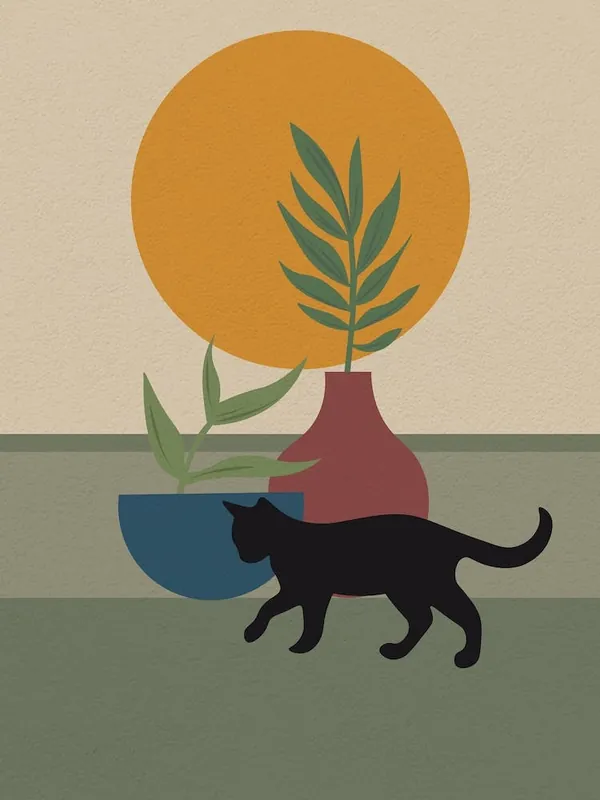 Vintage Minimal Art Cat And Plants Mega Sale