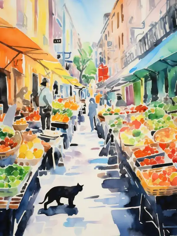 Food Market With Cats In San Francisco 3 Watercolour Big Sale