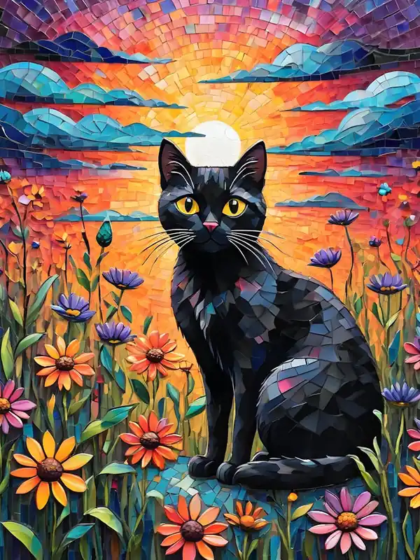 Clearance He Must be a Wildflower - Beautiful Rainbow Mosiac of Whimsical Black Cat Watching the Sun Set Whimsy Kitty Art for Cat Lover, Cat Lady, Chakra Pride Pagan Witch Colorful HD