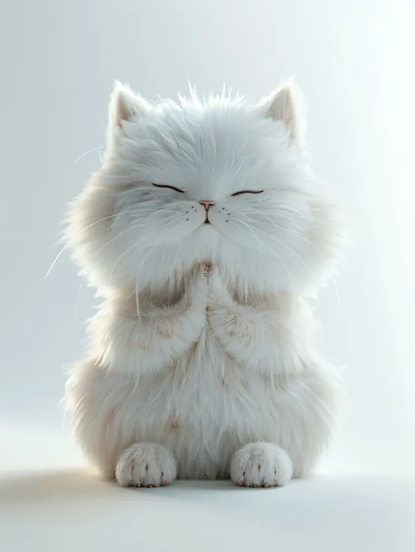 Save Now 3d Render Of A Cute Fluffy White Cat With Folded Hands In Prayer, Smiling Face, White Background, White Color Palette, Soft Lighting, In The Style Of Pixar 1