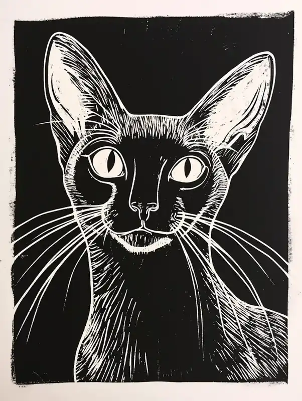Today Only Abyssinian Cat Linocut Blockprint 2