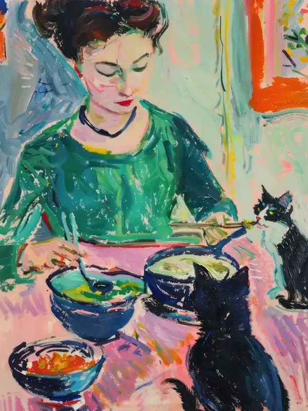 Portrait Of A Girl With Cats Eating Ramen 1 Money Back Guarantee