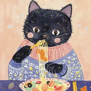 Top Rated Black Cat Eating Pasta Folk Illustration 3