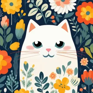 White Cat With Flowers Modern