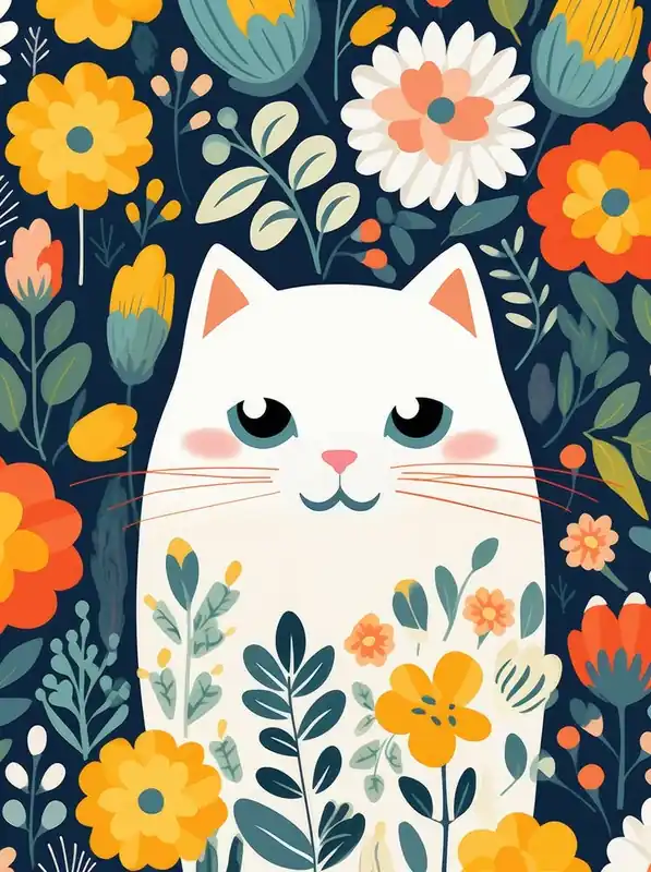 White Cat With Flowers Modern