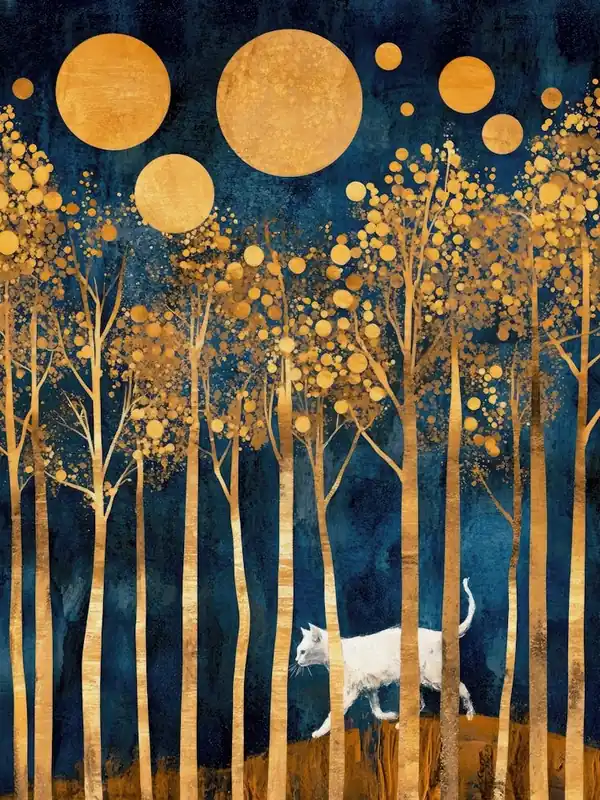 Modern Klimt Inspired Night Forest Art With Cat, Trees And Moons, Whimsical Nightscape Abstract Woodland Gold Leaf Mixed Media Artwork, Surreal Nature Wall Art for Living Room, Bedroom, Office Luxe Interiors
