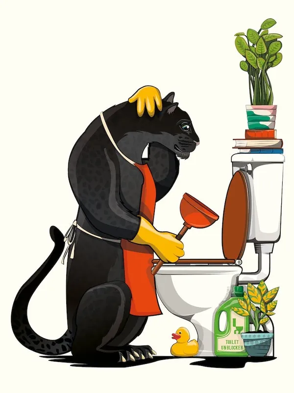 Worldwide Shipping Wild Cat Black Panther Unblocking Toilet