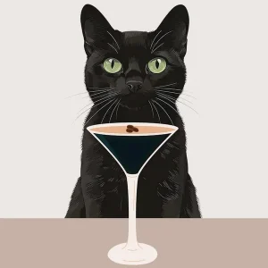 Trending Cat with Espresso martini art in neutral and beige colors in a minimalist aesthetic, quirky illustration whimsical artwork ideal for kitchens, cafes, coffee bars, bar carts, fun contemporary art for an eclectic living room