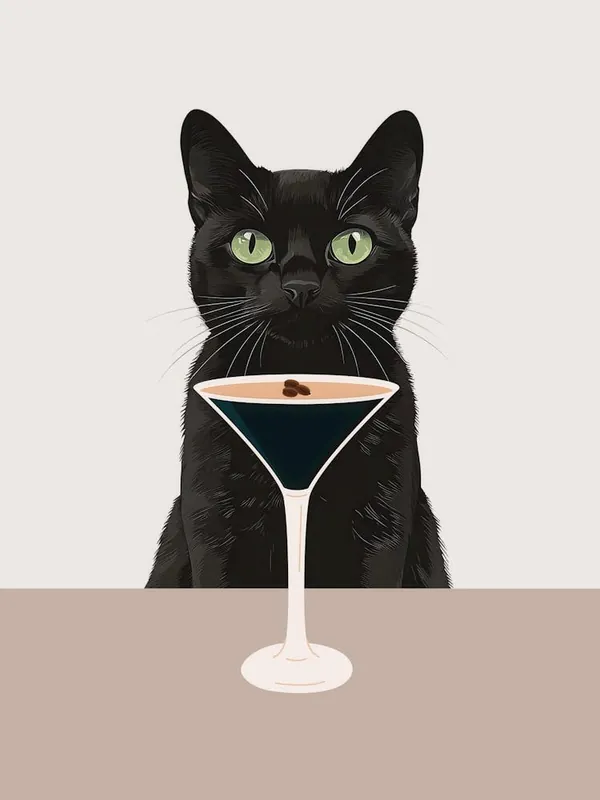 Trending Cat with Espresso martini art in neutral and beige colors in a minimalist aesthetic, quirky illustration whimsical artwork ideal for kitchens, cafes, coffee bars, bar carts, fun contemporary art for an eclectic living room