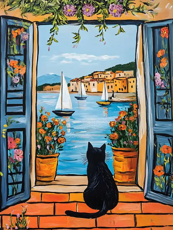 In Demand Oil Painting Black Cat Loves the Sea 3