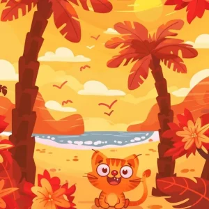 Worldwide Shipping Cartoon Cat On The Beach
