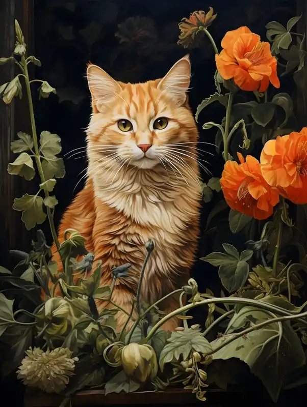 Contemporary Floral Cat On Windowsill 1 Limited Time