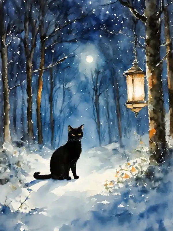 High Quality Black Cat In A Winter Forest at Twilight - Snow Christmas Yule Scene Snowy Lantern Trees - Witchy Witches Cats Lady Lovers Matisse Klimt Inspired Traditional Watercolor Home Room Art Wall Decor - Black Cat Travels Series by Lyra the Lavender Witch