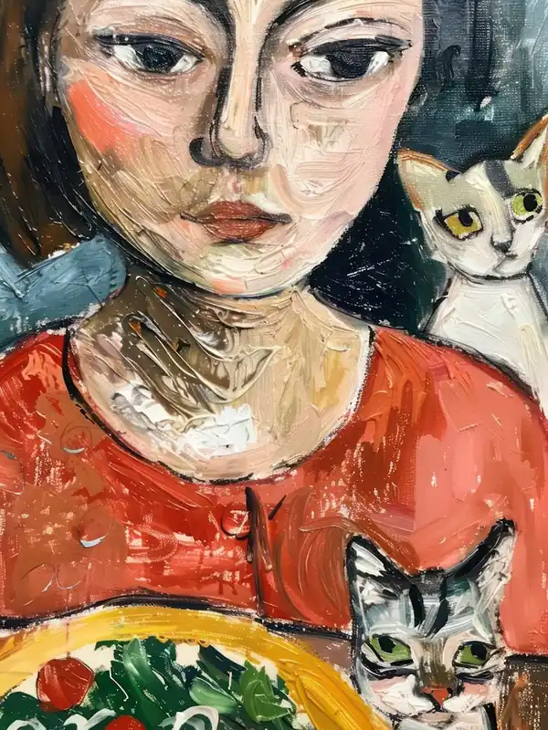 Free Shipping Portrait Of A Girl With Cats Eating Salad 1