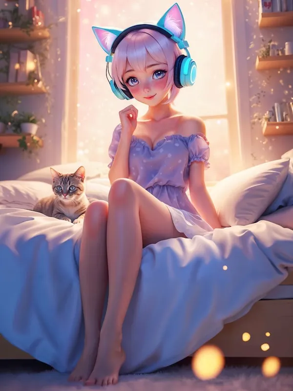 A cute anime girl with cat ears sits on a bed with her kitten. Her cosplay outfit is sexy and kawaii. The feline is a playful kitten, and the girl is a gamer lady. The room is cozy and inviting, with a warm glow. Best Seller