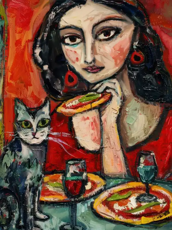 Factory Price Portrait Of A Woman With Cats Eating Pizza 4