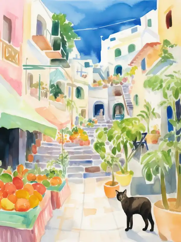 Warranty Included Food Market With Cats In Santorini 4 Watercolour