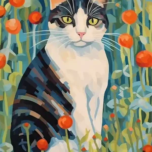 Weekend Sale Calico Cat Botanical Oil Painting
