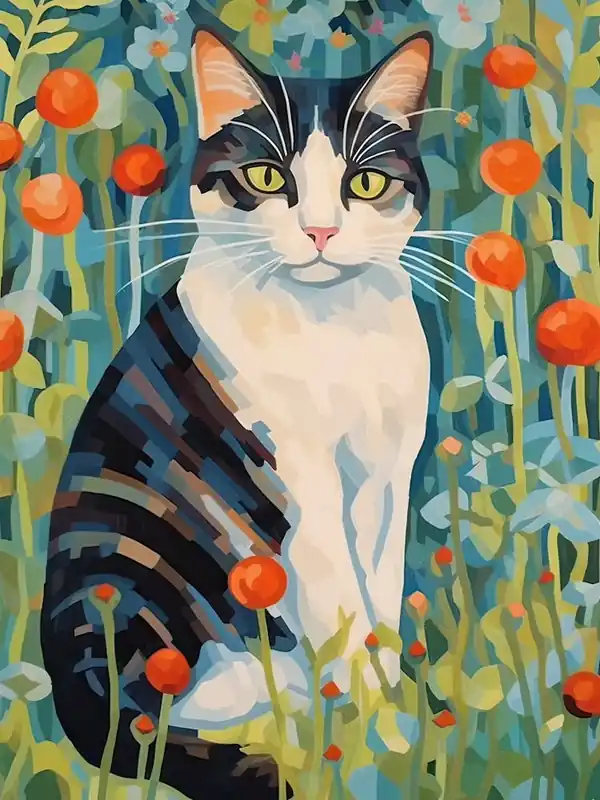 Weekend Sale Calico Cat Botanical Oil Painting