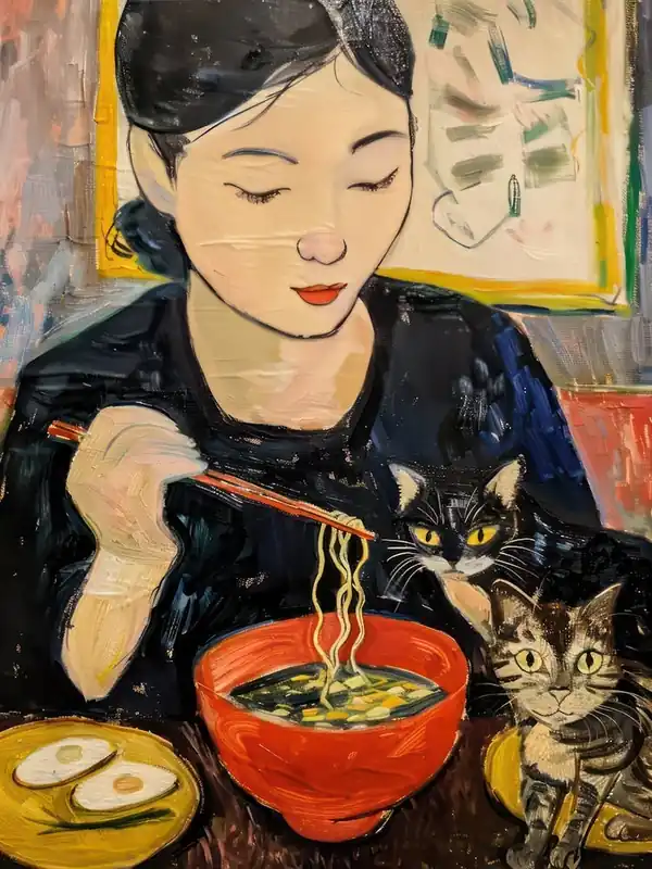 Portrait Of A Woman With Cats Eating Ramen 4 Top Pick