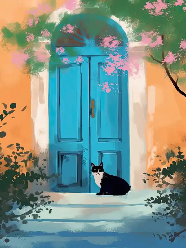 Trusted Brand Black And White Cat Mediterranean Blue Door