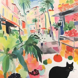Time-Limited Food Market With Cats In Monaco 3 Watercolour