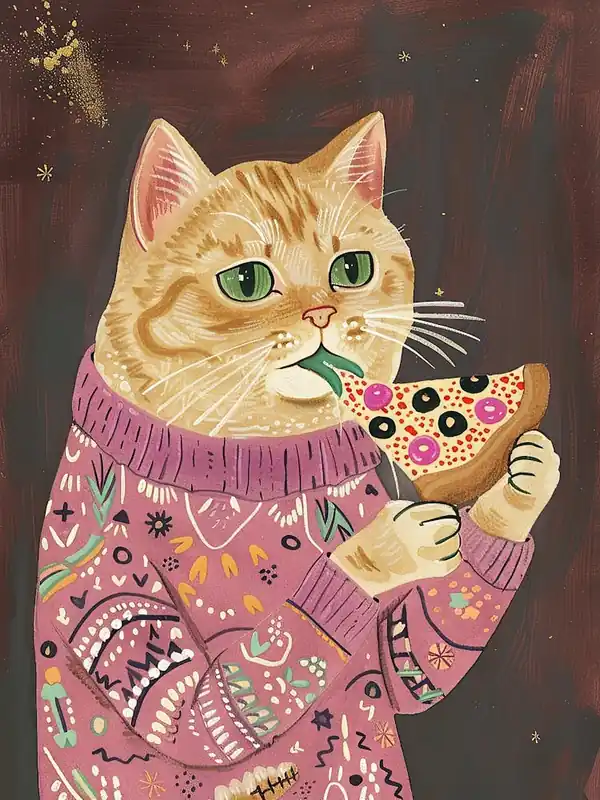 Cat In A Sweater Pizza Lover Folk Illustration 5 Limited Edition