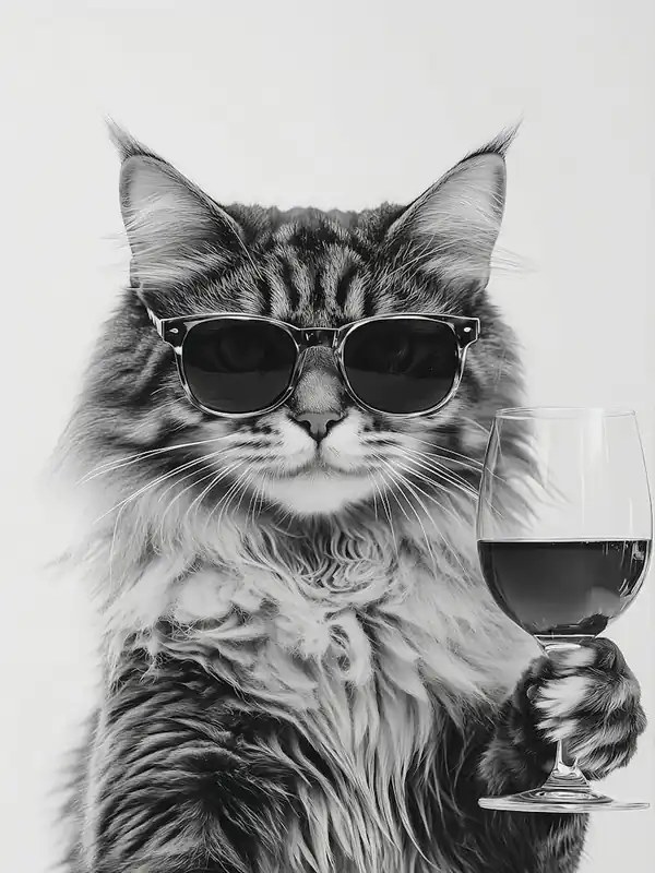 Maine Coon Cat Drinking Wine Wall Art, Black And White Print, Bar Cart Print, Cat Owner Gift, Funny Cat Poster, Bar Decor, Kitchen Decor Time-Limited