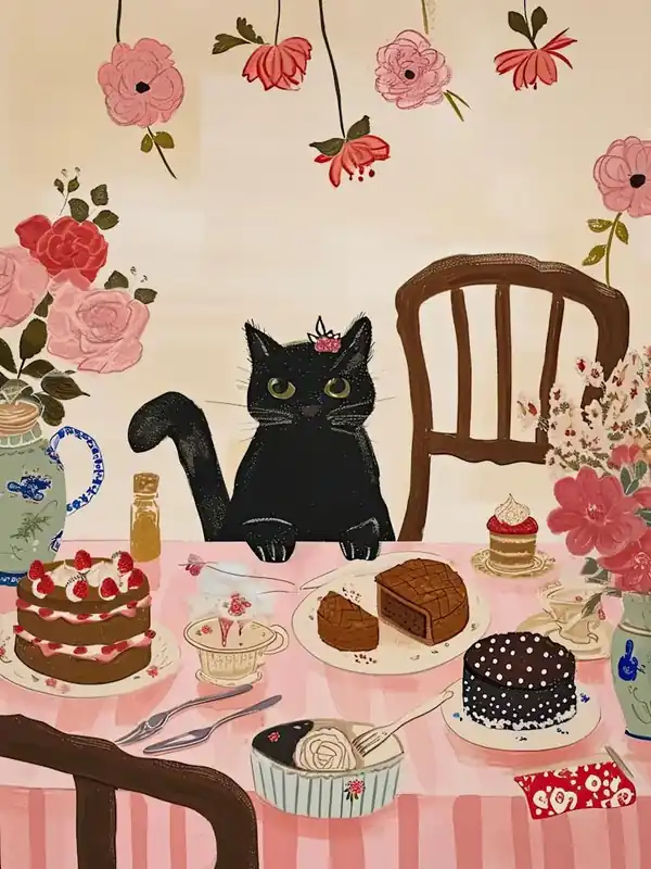 Birthday Black Cat With Cakes And Flower Painting Cat Kitchen Print Cat Lover Gift Cute Cat Print Kitchen Money Back Guarantee
