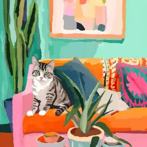 Tabby Cat On A Sofa In Boho Living Room Painting Animal Lovers Shop Now