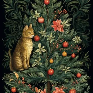 William Morris Style Christmas Cat 7 Same Day Shipping