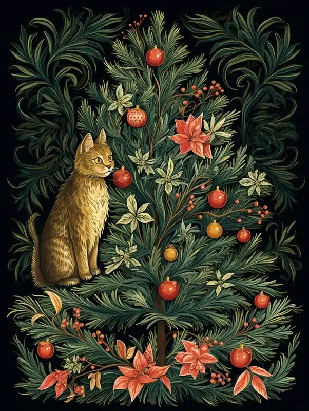 William Morris Style Christmas Cat 7 Same Day Shipping