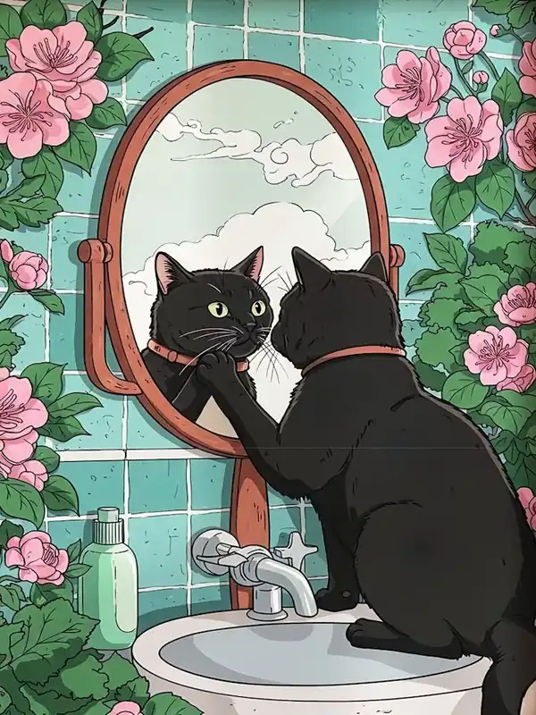 Get Yours Bathroom Black Cat In Mirror Print, Funny Japanese Cat Bathroom Poster, Japanese Art, Cherry Blossom, Japandi Wall Art, Cat Lovers Wall Art
