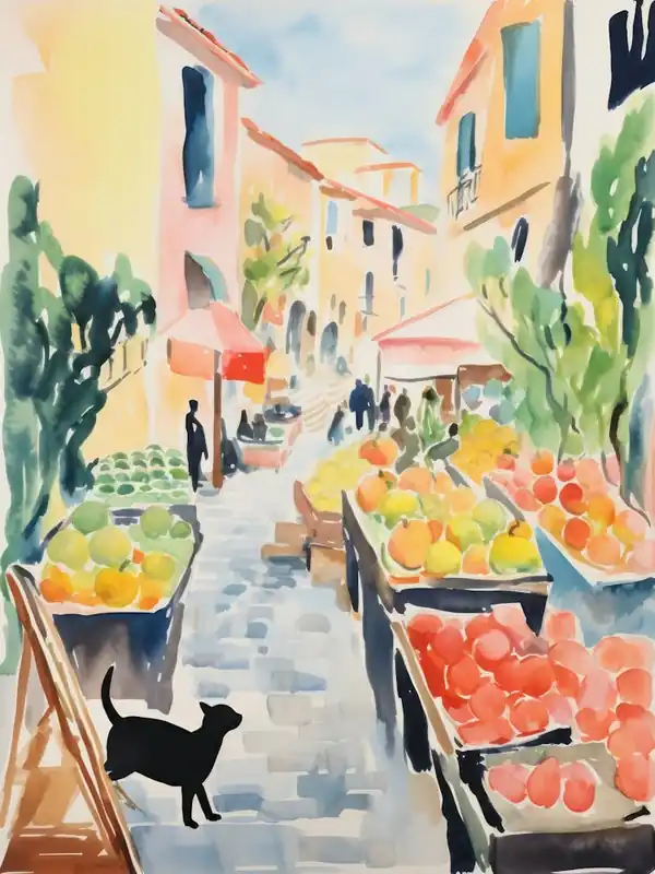 Money Back Guarantee Food Market With Cats In Saint Tropez 3 Watercolour