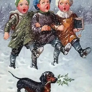 Three Boys Singing Christmas Songs On Snow, With Little Dog In The Front Fan Favorite