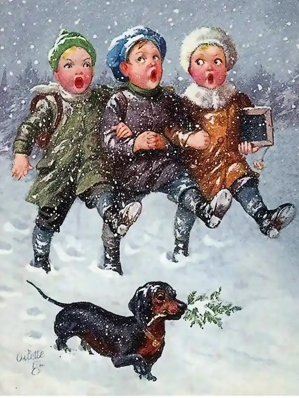 Three Boys Singing Christmas Songs On Snow, With Little Dog In The Front Fan Favorite