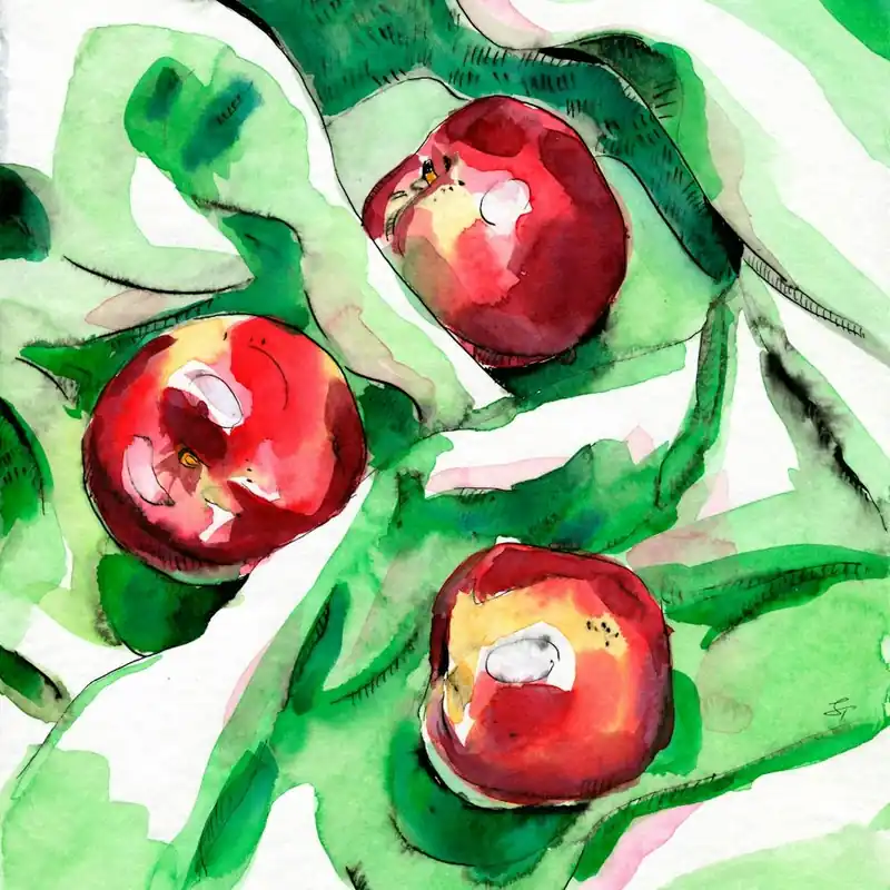 Factory Price Peaches On Green Cloth Watercolor And Ink Painting