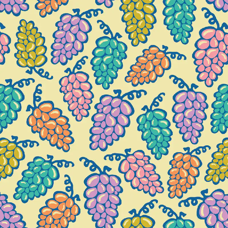 JUICY GRAPES Retro Tossed Plump Ripe Bunches of Grapes in Summer Pink Purple Turquoise Mustard Orange Royal Blue on Cream Place Order
