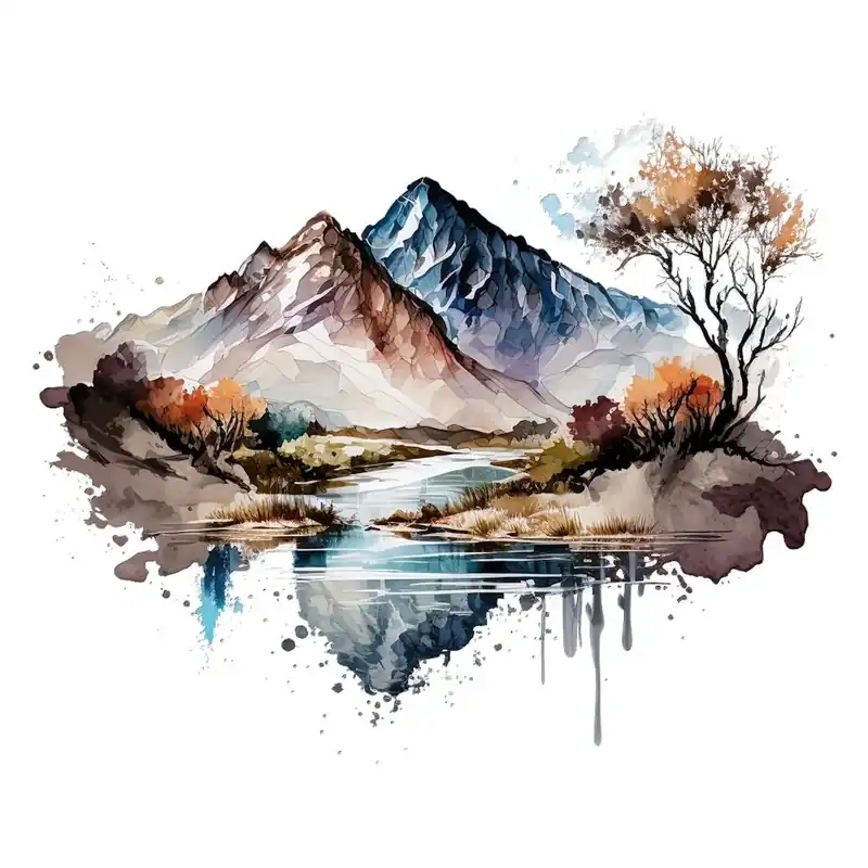Watercolor Mountains And River In Demand