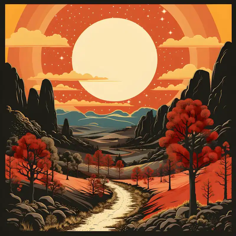 Surreal Sunset Landscape Print – Retro Futuristic Nature Art, Vibrant Red Forest Wall Decor, Cosmic Sun & Stars, Fantasy Mountain Valley Scene Buy Online