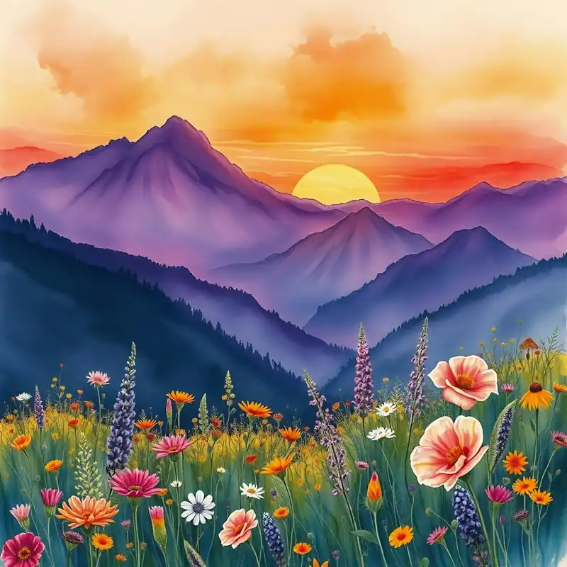 Watercolor Of Mountains And Flowers 1 Trending
