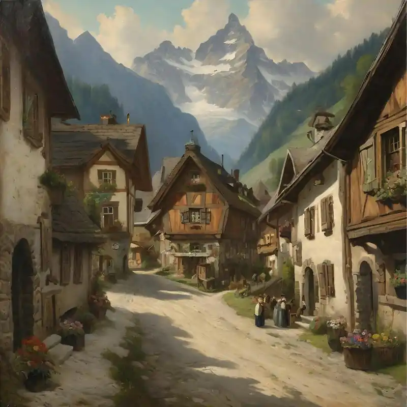Village In The Alps. Oil Art. One Day Deal