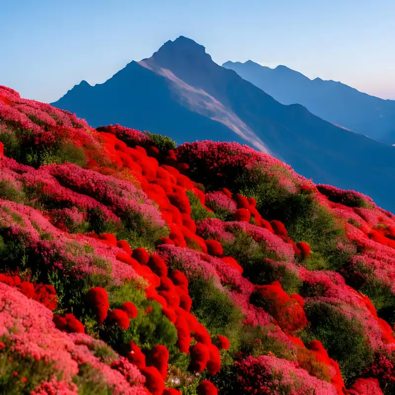 New Release A Large Mountain With Red Flowers Stacked Below It And A Wide Blue Sky In The Background With No Tre (1)