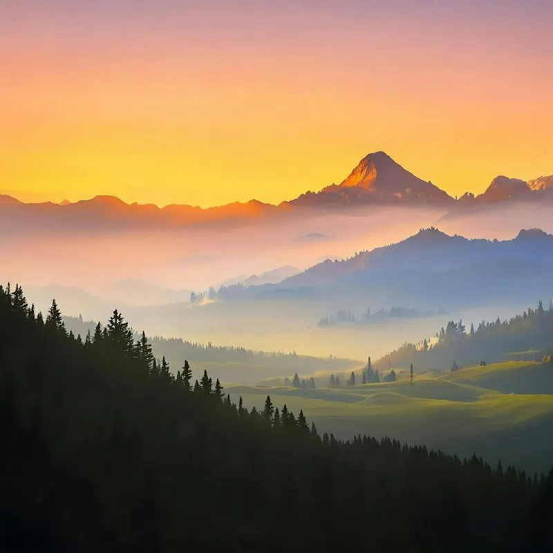 Special Discount view of an abstract mountain range bathed in the soft, warm hues of a rising sun