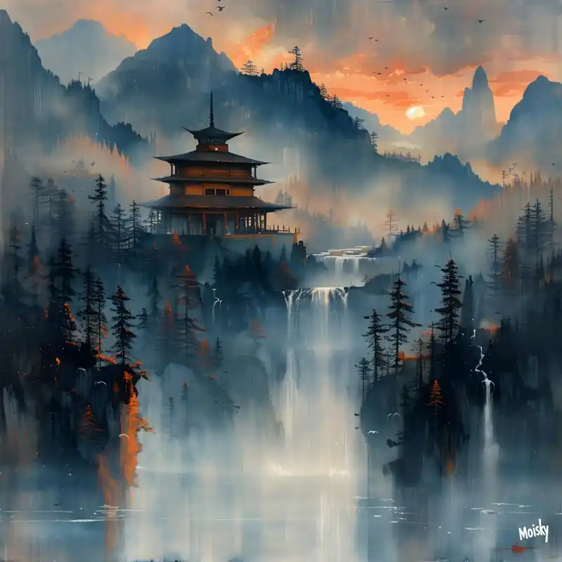 Waterfall In The Mountains Realism & Impressionism Modern