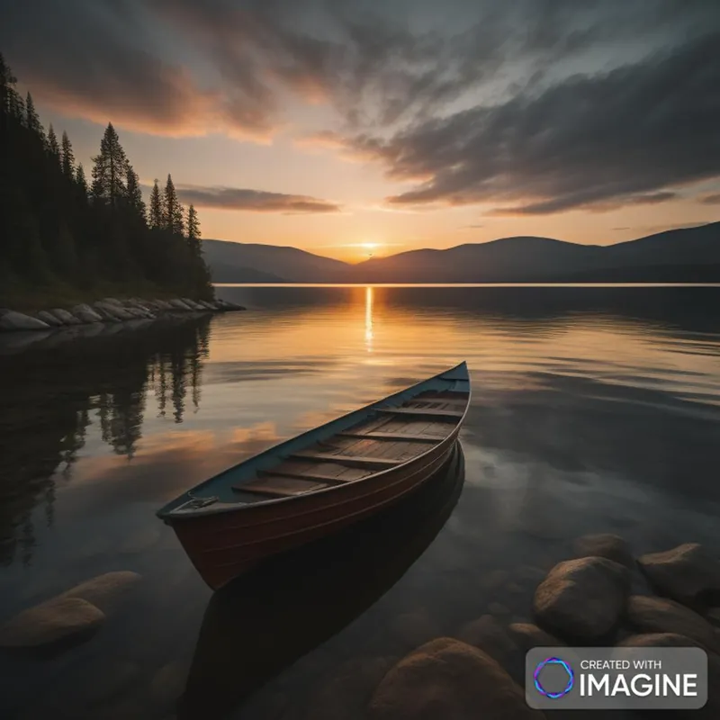 Trending Sunset with a boat in the lake